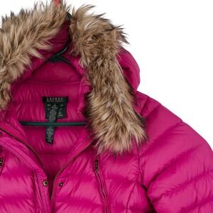Lauren Ralph Lauren RLL Puffer Jacket Hooded Faux Fur Trim Pink Womens Small